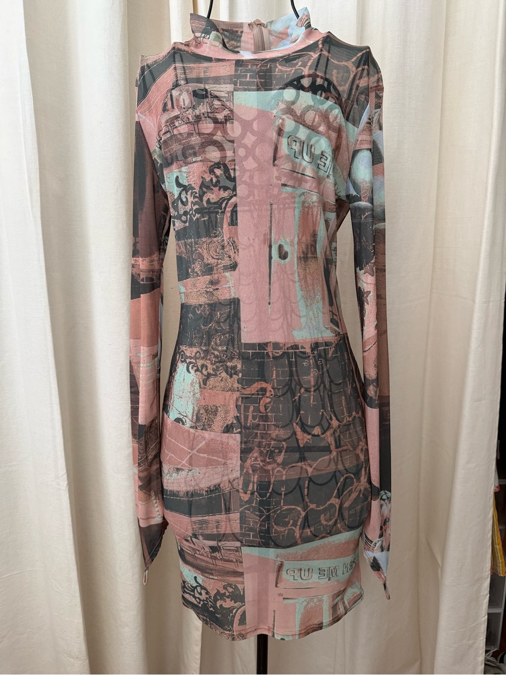 Fashion Nova Pink, Gray & Mint Printed Long Sleeve Bodycon Dress